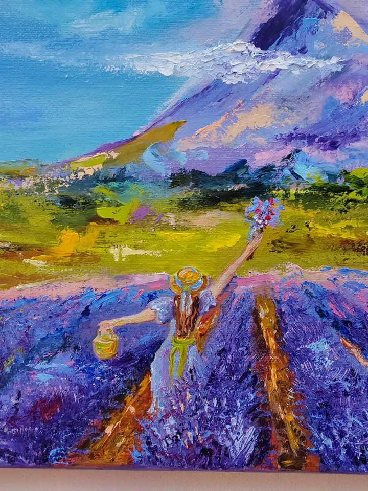 "Landscape. Girl in a lavender field" oil painting on canvas 40x30cm (16x12inch)