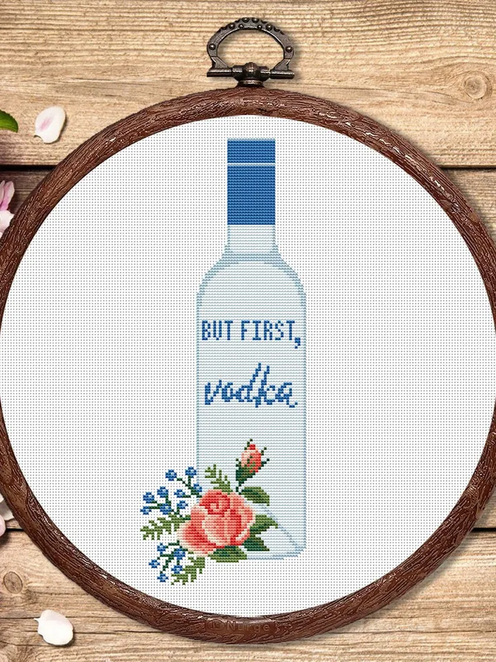 Set of 2 But First Vodka Cross Stitch Pattern, Kitchen Cross Stitch, Embroidery Vodka, But First Wine Pattern, Modern Cross Stitch #kt006
