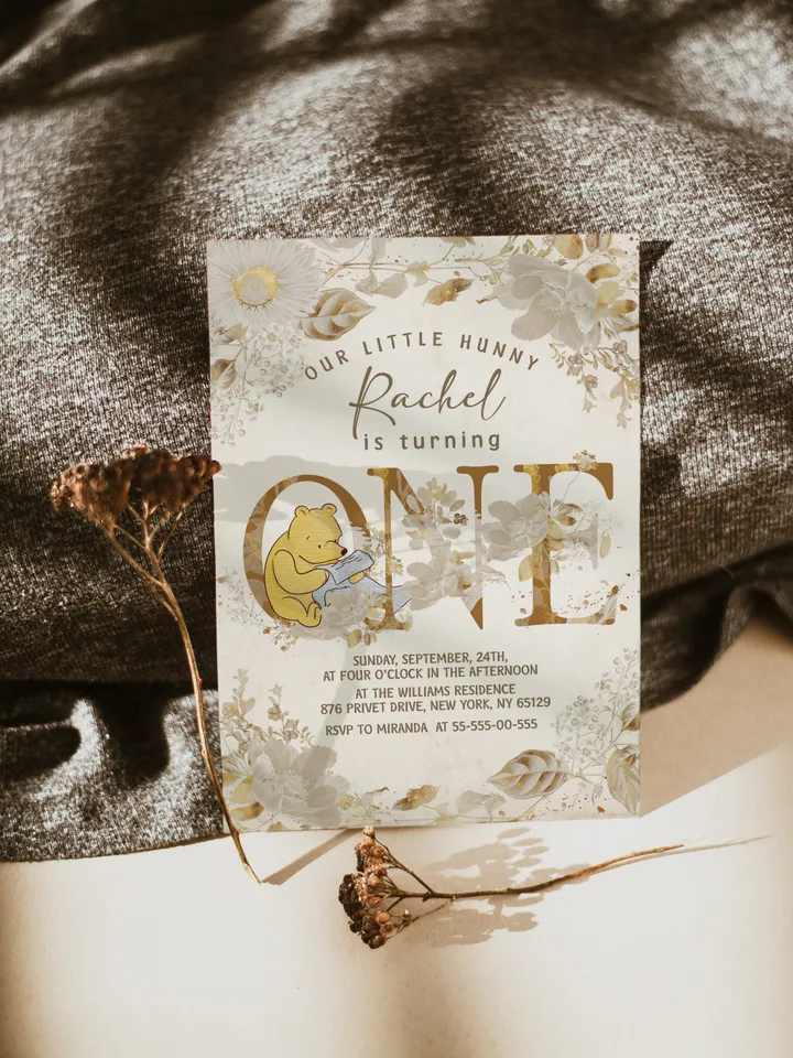 Winnie the Pooh Inspired First Birthday; Classic Winnie Pooh Invitations; Neutral Winnie Pooh Turning One; Winnie Pooh Birthday Party flw12