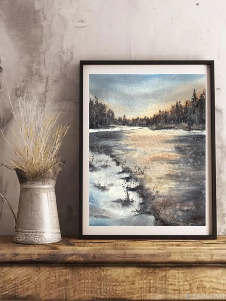 Landscape Original Painting Watercolor River Wall Art Winter Landscape