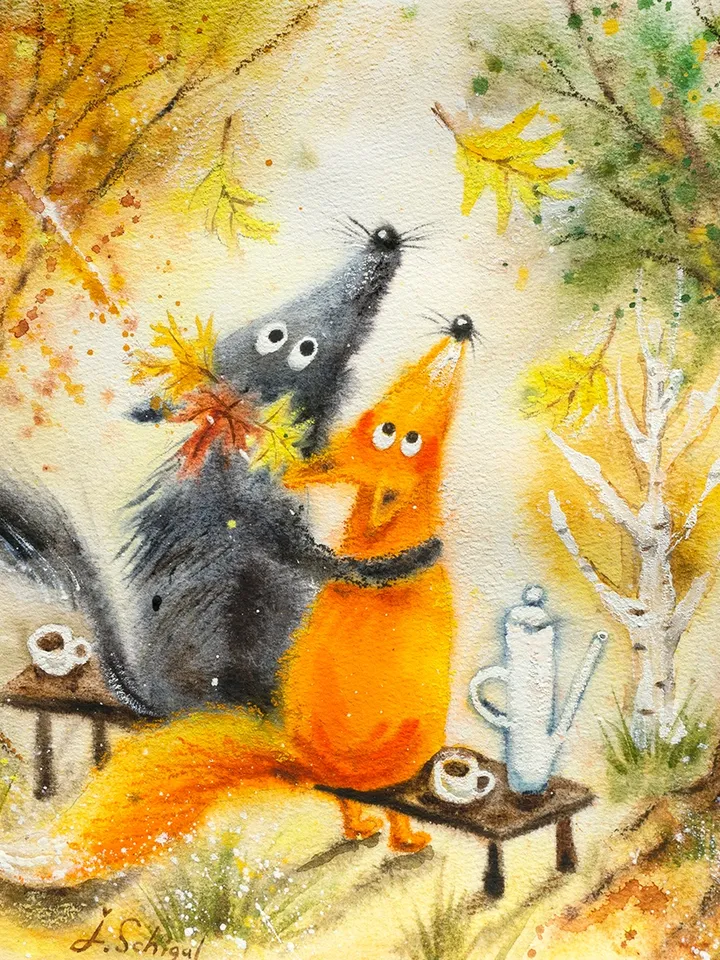 27×27cm Artwork by Julia Schigal "The Quiet Fall" - watercolor, gouache, pastel