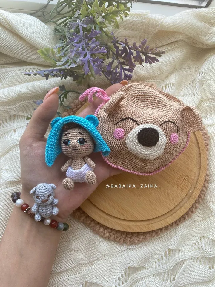 PDF Crochet Baby Doll in the wallet Pattern, Amigurumi bag, Crochet baby pattern, Amigurumi doll pattern, crochet Teddy Bear Pattern