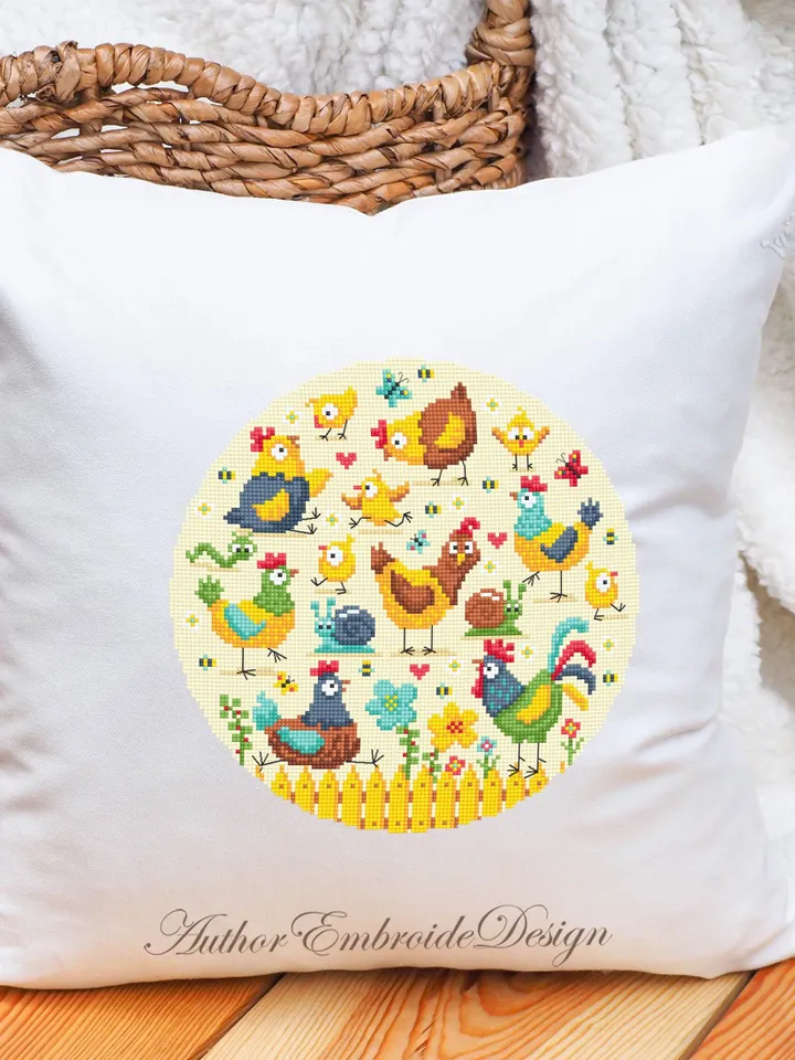 Chicken cross stitch pattern PDF download Funny bird cross stitch chart, Chicken pattern digital PDF, Farmhouse rooster and hen sampler #K62