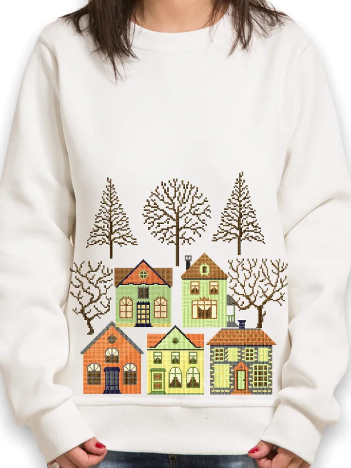 Сross-stitch constructor set machine embroidery design houses and trees digital embroidery patterns embroidery motif home and clothing decor
