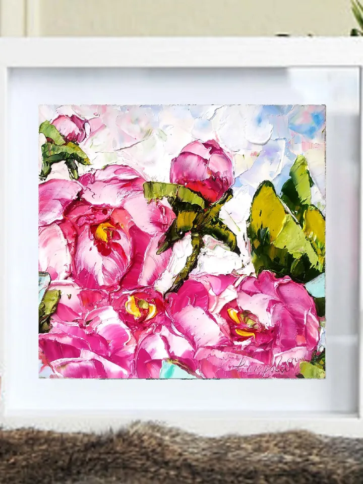 Peony Painting Impasto Original Art Floral Wall Art Flowers Small Oil Painting 8x8