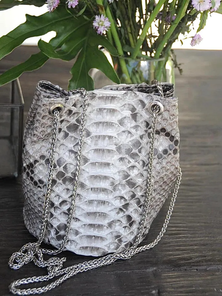 Genuine python skin bucket grey chain bag / designer women purse / summer soft  bag / exotic leather bags free shipping / gift for her