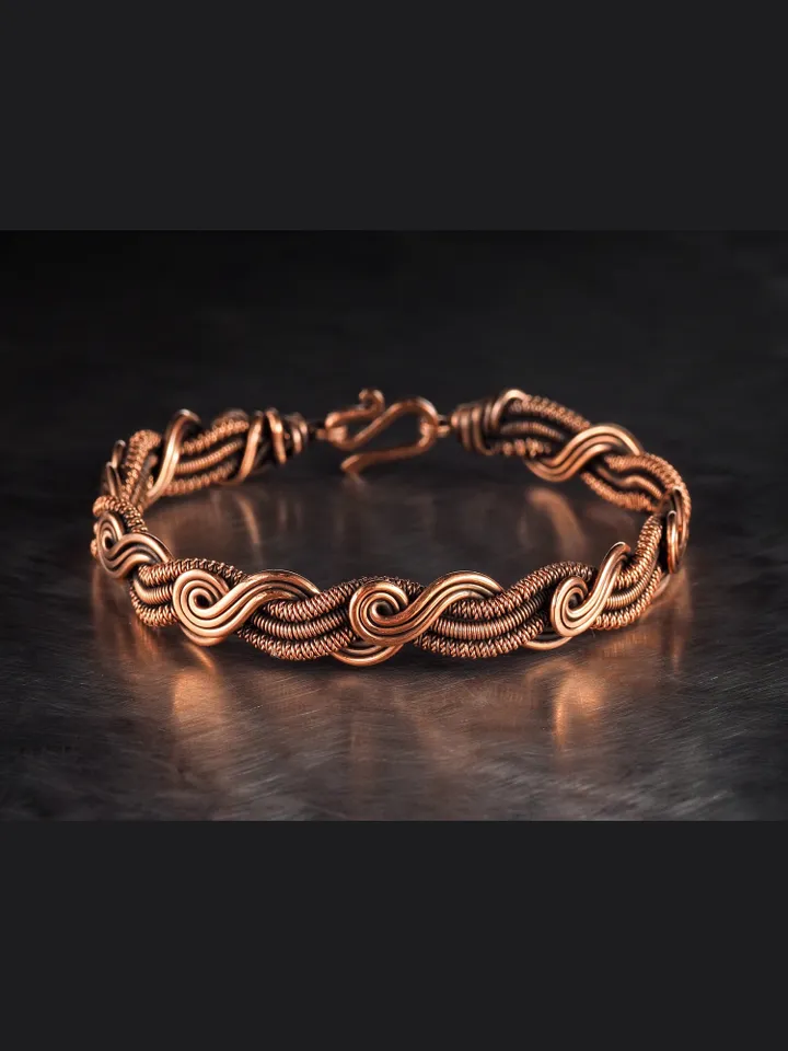 Wire wrapped bracelet, Unique 7th 22nd Anniversary gift idea, Art Nouveau antique style, One of kind braided statement bangle, Handmade oxidized pure copper jewelry, Pain relief, EMF protection