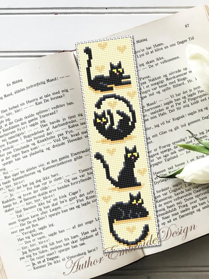 Cat bookmark cross stitch pattern download PDF Love cats cross stitch chart, Funny bookmark digital pattern PDF, Black cat embroidery #B320