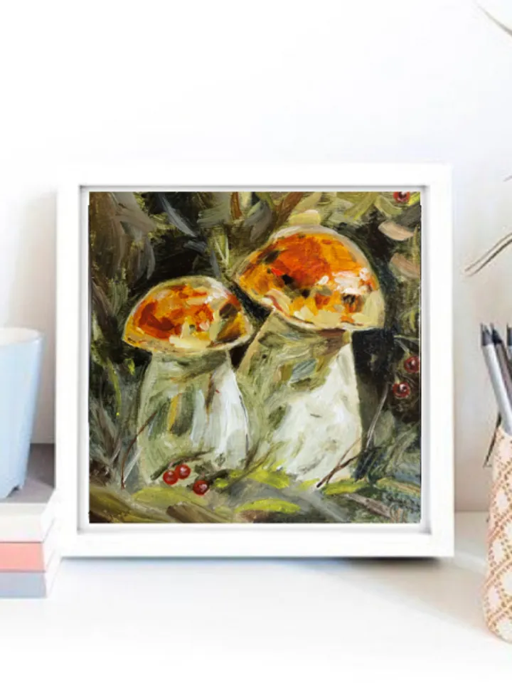 Mushrooms modern original oil painting wall art painting 6 x 6 inches