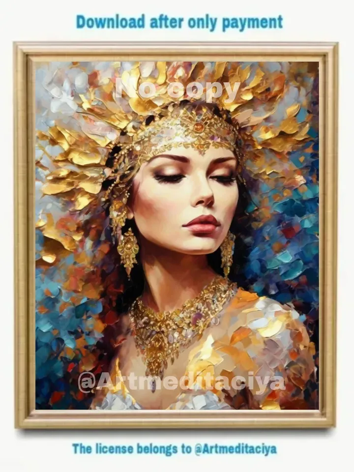Digital abstract textural modern painting "Slavyanka in ethnic jewelry in gold" on an abstract multicolored background in the style of oil pasty painting with a palette knife