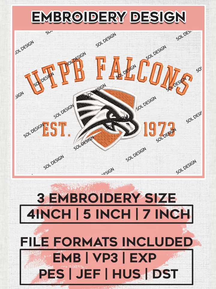 NCAA UTPB Falcons Team Est 1973 Logo Embroidery Design Files, NCAA UTPB Falcons Machine Embroidery, NCAA Teams, 3 sizes, NCAA Machine embroidery designs, Digital Download