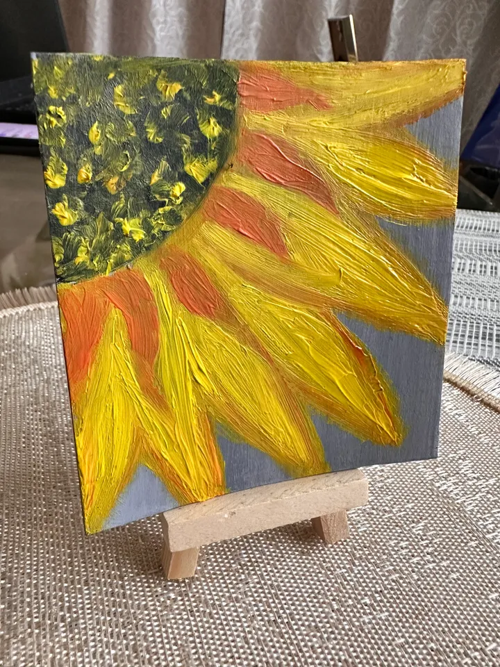 Oil Painting Sunflower Flower Cardboard 4x4 inches 10x10 cm Wall Decor Miniature 3D Image Floral Art Abstraction