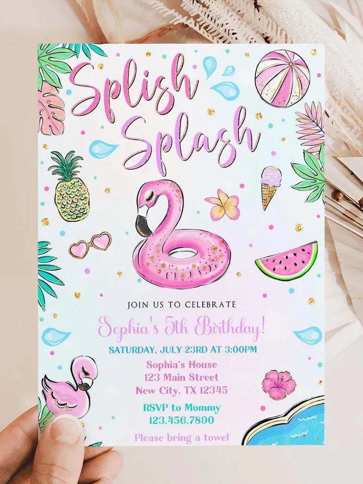 Flamingo Birthday Invitation, Splish Splash Birthday Invitation, Flamingo Pool Party Invitation Girl Instant Download Editable Template
