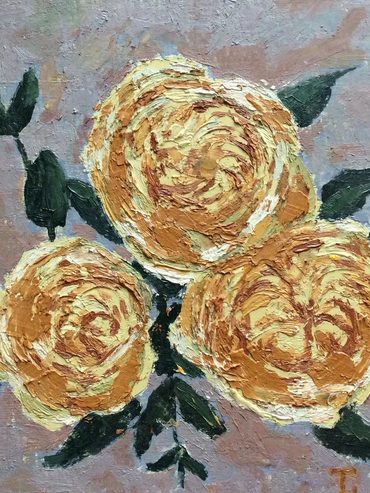 "Yellow Roses" oil small impasto painting flower stilllife original wall art picture artwork floral