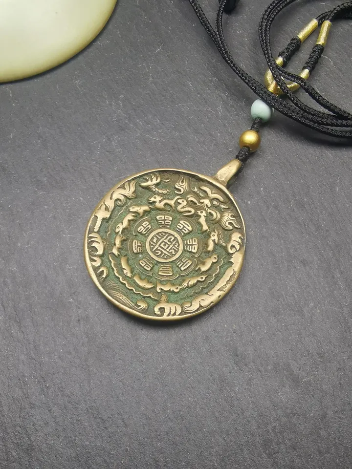 Gandhanra Vintage Tibetan Buddhist Calendar Amulet Sipaho Badge - Lima Brass Melong Mirror Protective Charm Feng Shui Pendant,41mm
