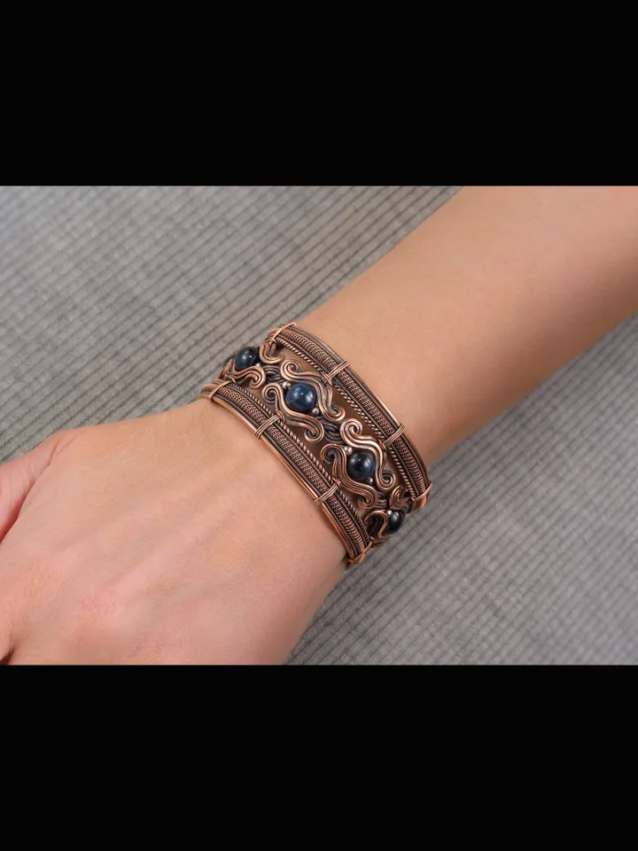 Copper wire bracelet with natural falcon eye, 7th Wedding Anniversary gift