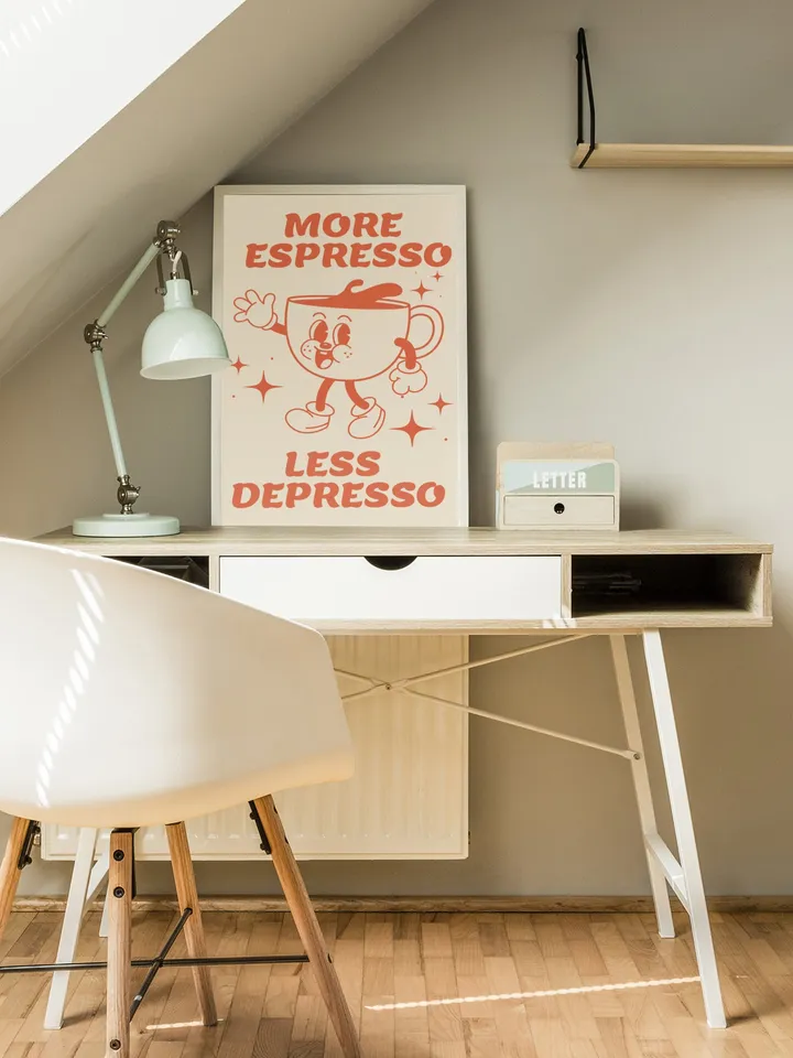 Espresso Digital Wall Art, Coffee Lover Art Print, More Espresso Less Depresso Print, Retro Coffee Quote Print, Trendy coffee poster