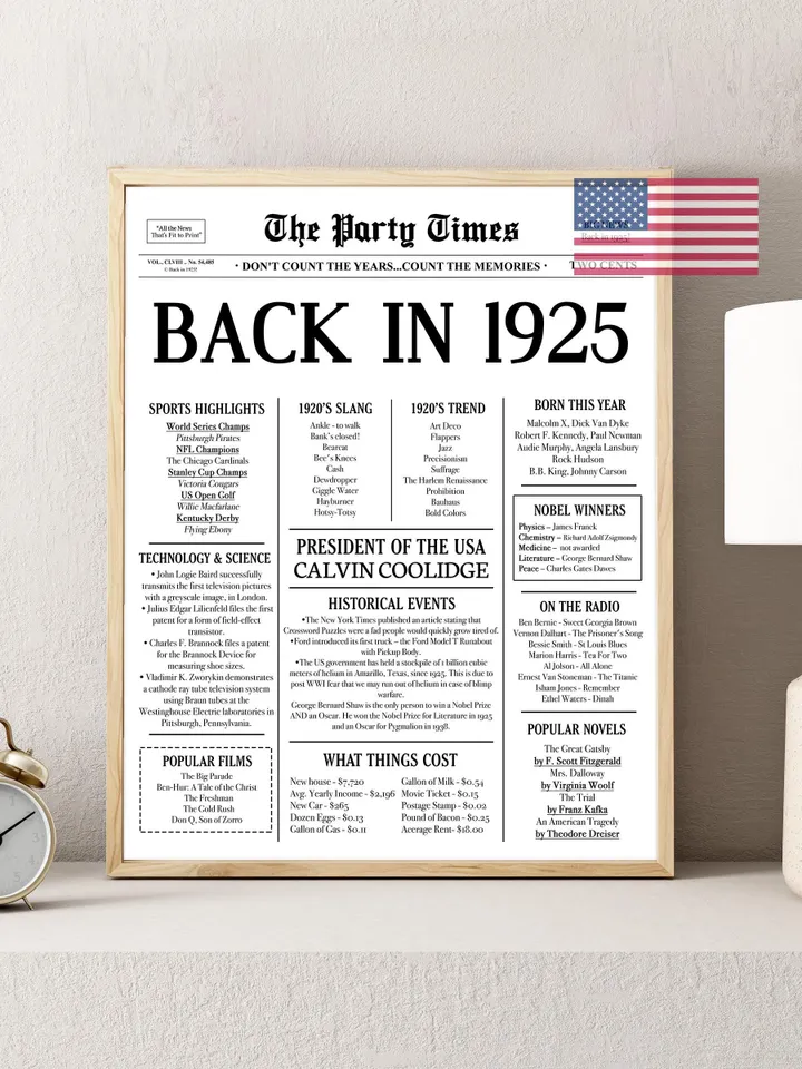100th Birthday Newspaper Poster Back in 1925 Sign, What Happened in 1925, 100 Years Ago Fun Facts, Vintage Printable Decor, Last Minute Gift