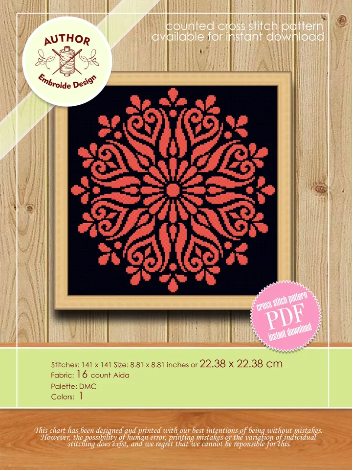 Flower mandala cross stitch pattern download PDF Mandala pattern digital, Monochrome cross stitch chart, Mandala ornament embroidery #M120