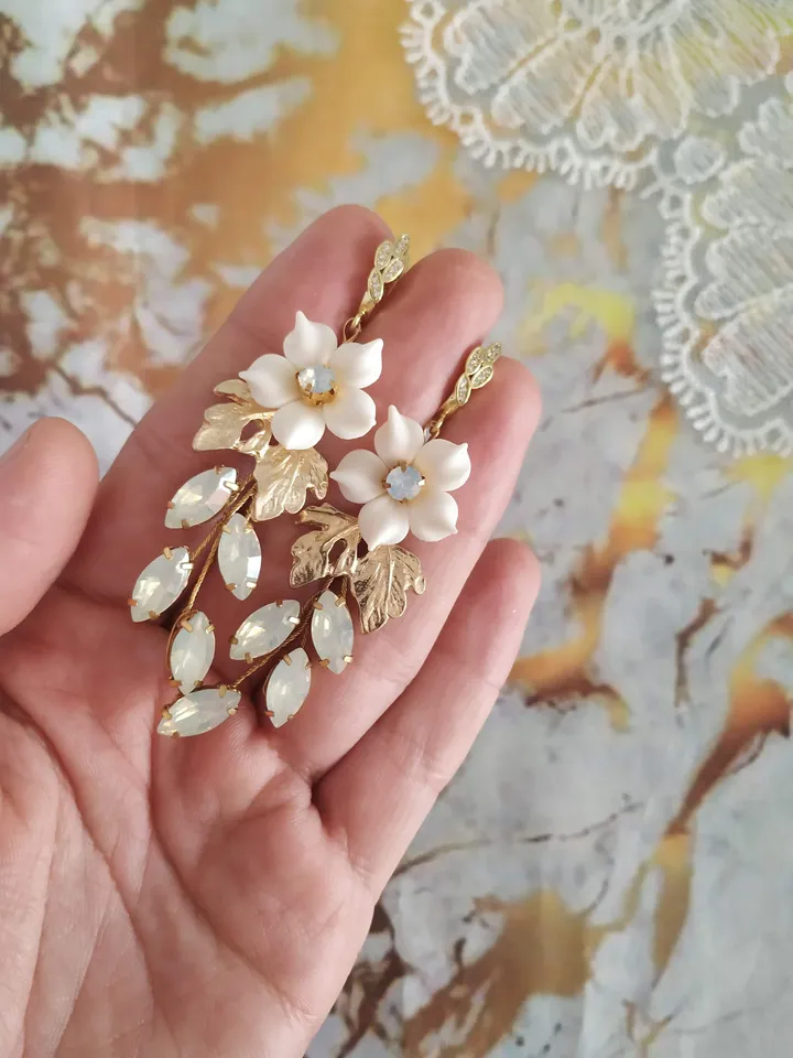 Opal Gold Long Wedding Earrings, Porcelain Flower Bridal Earrings, Boho Wedding Earrings, Leaf Bride Earrings, Chandelier Statement Earrings