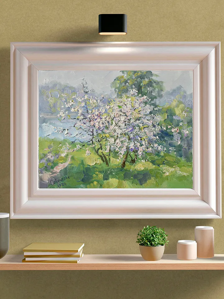 Blooming Apple Painting Trees Original Art Landscape Spring