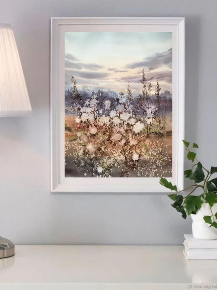 Meadow Original Watercolor Painting Field Landscape Wildflowers Art