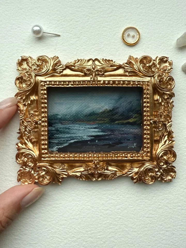 Small Landscape Painting Framed Original Dark Coast Ocean Art Antique Frame Tiny Paintings 3 x 4 Art Victorian artwork