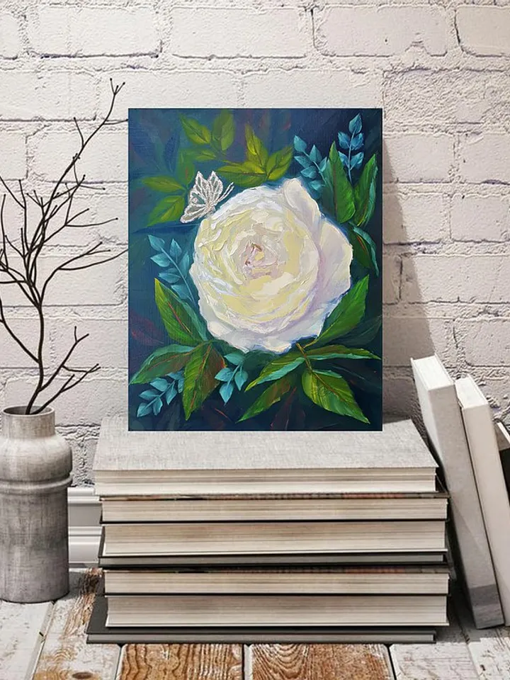 Rose Painting Butterfly Original Art Flower Wall Art Floral Canvas Oil Painting