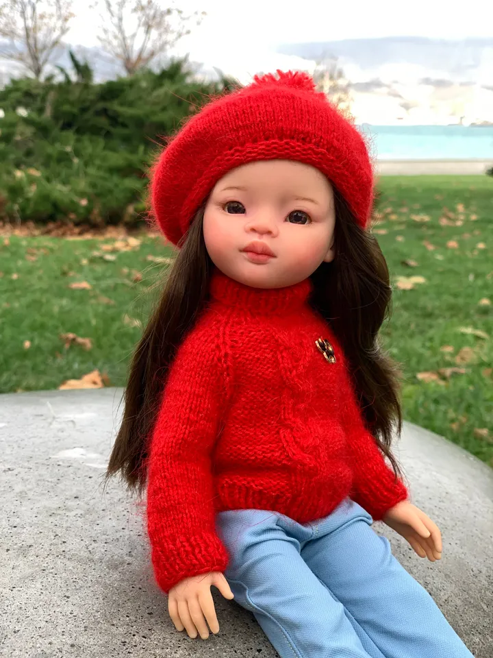 Sweater & Beret for Paola Reina KNIT PATTERN and Tutorial Christmas for Boneka 12-13 inch doll, Ruby Red Siblies, Les Cheries 32 cm PDF, eng