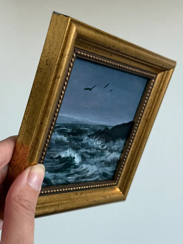 Small Landscape Painting Framed Original Foggy Cliff Painting Antique Misty Art Coastal Gold Frame Tiny Paintings 4 x 4 Art Victorian artwork