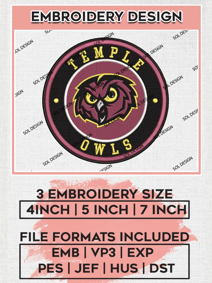 NCAA Temple Owls Round Logo Embroidery, NCAA Temple Owls Logo Embroidery files, NCAA Teams, Machine embroidery designs, Digital Download