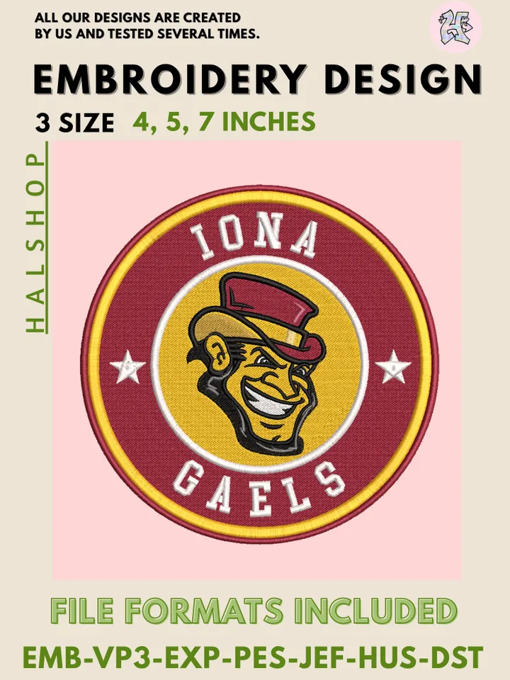 Iona Gaels NCAA Team Mascot Logo Embroidery Design Files – Classic College Pattern, 3 Sizes Machine Embroidery, Instant Digital Download