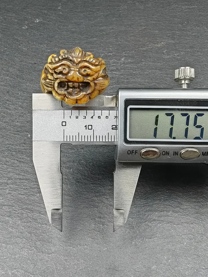 ONLY ONE - Gandhanra Hand Carved Tibetan Yak Bone Ring, Snow Lion Pattern,US Size 7.5,Inner Diameter 17.75mm