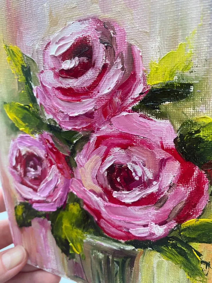 Mini oil painting "Roses" impasto - a unique gift