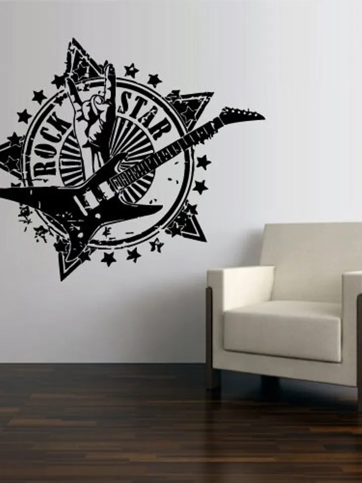 Rock Star Wall Decal โ Electric Guitar Vinyl Sticker, Music Fan Art Decor for Teen Room, Band Studio, Musician Gift or Concert Venue z2992