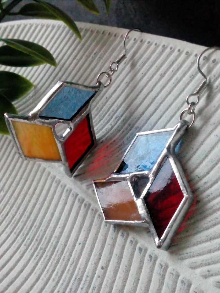 Origami stained glass earrrings - geometric handmade tiffany earrrings