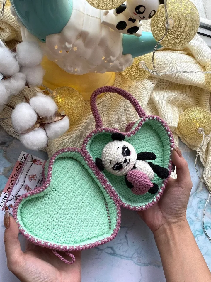 PDF Crochet Pattern Panda in Bag-Heart, Small Toy Pattern, Animal Pattern, Amigurumi bear pattern, TUTORIAL bear in Eng, Valentine's day