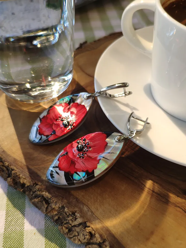 Pearl earrings: Red poppies on shell earrings. Aesthetic handmade floral design. Hand painted stylish jewelry gift with big red flower.