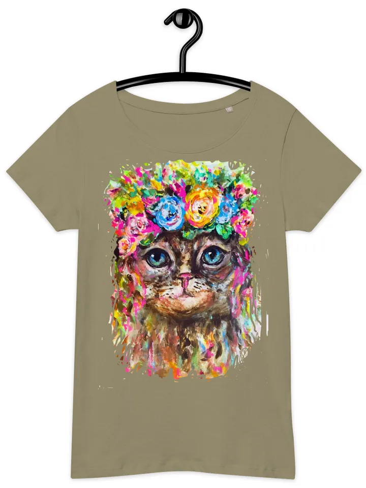 Flower cat Women’s basic organic t-shirt made with my original watercolour mix media artwork,one of a kind.