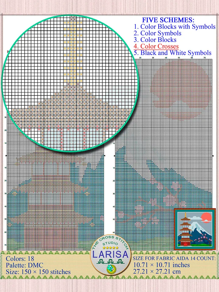 Pagoda Cross Stitch Pattern | Mount Fuji