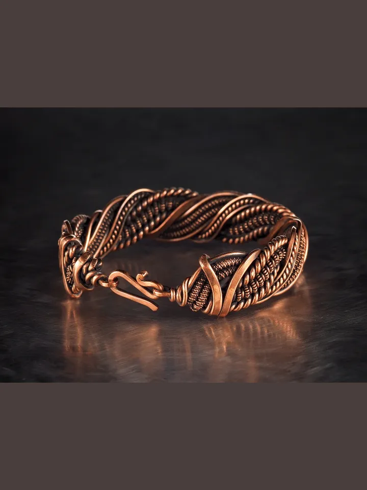 Wire wrapped bracelet, Unique 7th 22nd Anniversary gift idea, Art Nouveau antique style, One of kind braided statement bangle, Handmade oxidized pure copper jewelry, Pain relief, EMF protection