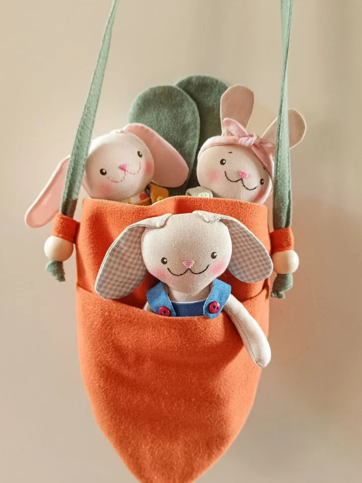 5,5 inch Bunny rag doll Sewing Pattern, Tiny Bunny Pattern, Baby Pocket Bunny Pattern, Easy Pattern, Soft Doll Pattern, Doll Clothes Pattern, Doll Bag Sewing Pattern & Tutorial - DIY Soft Textile Bag Dollhouse for 5,5 inch bunnies , Portable Small Carrot
