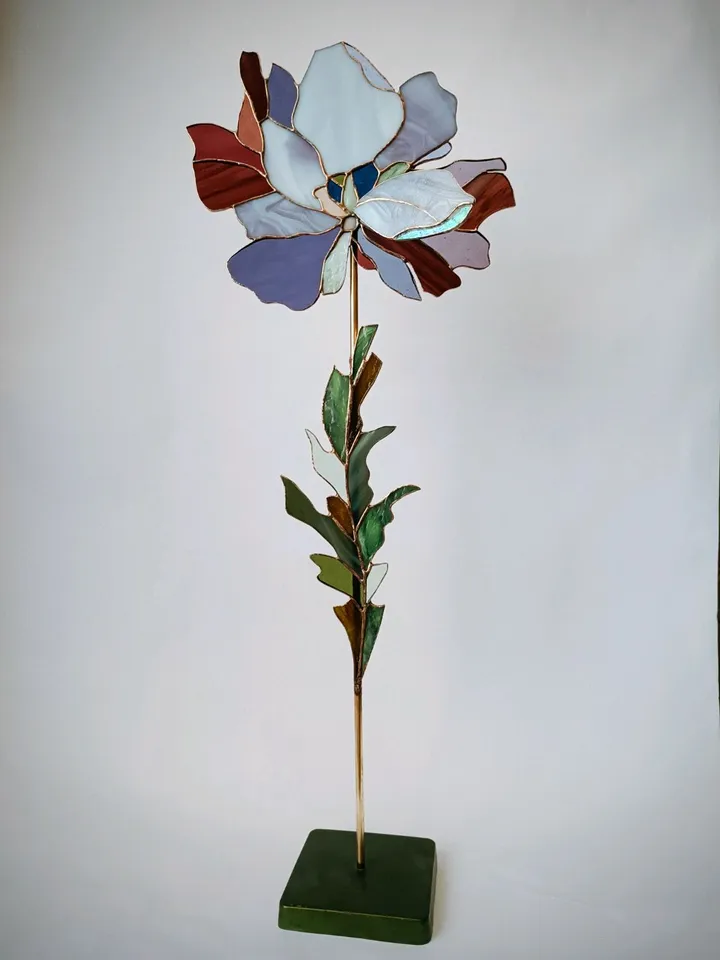 Peony. Stained Glass on a Stand, Peony Stained Glass Sculpture, Peony Tiffany Glass Panel on a Stand, Decorative Peony Glass Flower on a Brass Base, Peony Art Glass on Cast Stone Stand, Peony Stained Glass Decor Piece