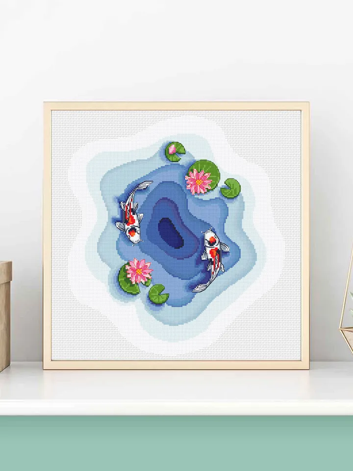 Koi pond cross stitch pattern download PDF, Koi fish cross stitch chart, Fish embroidery design, Oriental decor Water lily cross stitch #L45