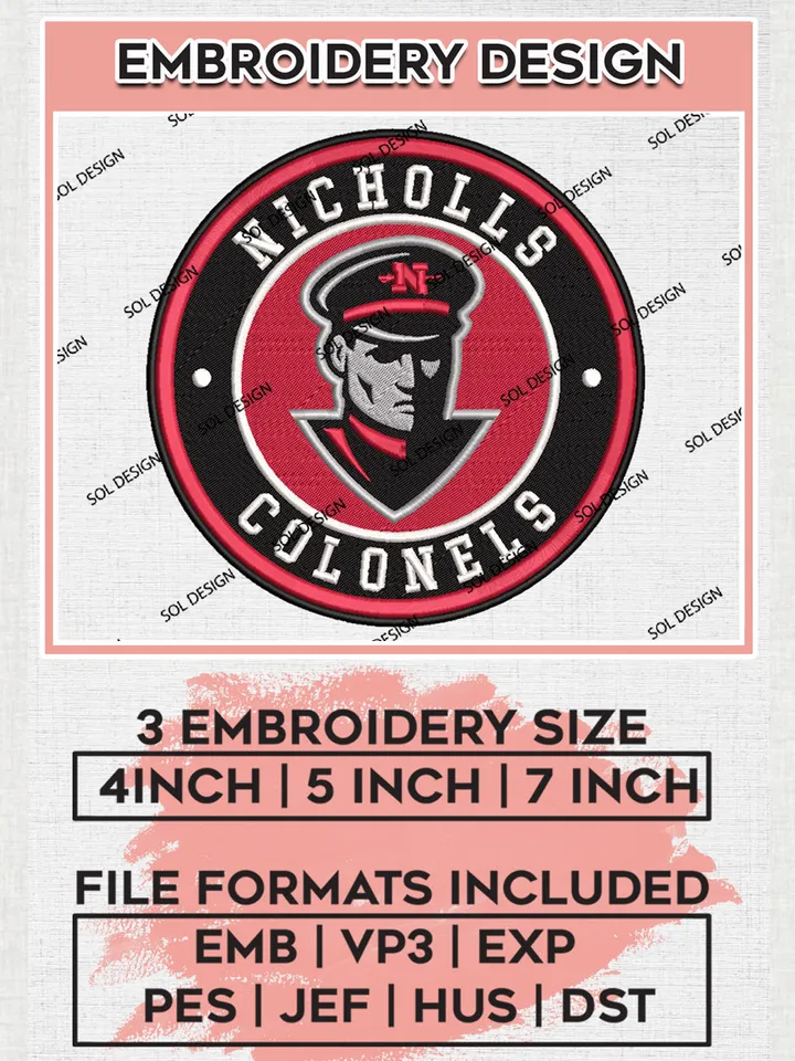NCAA Nicholls Colonels Round Logo Embroidery, NCAA Nicholls Colonels Logo Embroidery files, NCAA Teams, Machine embroidery designs, Digital Download