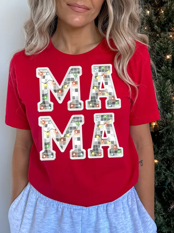 Faux Glitter Sequins Christmas Mama Shirt Sublimation Christmas PNG Mama PNG Christmas Lights Sparkly PNG Embroidery Letters png