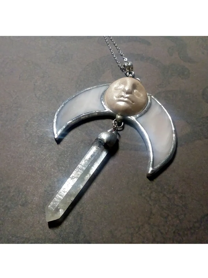 Stained glass moon, Moon Goddess, Moon phase necklace, Stainglass crescent, Full moon pendant, Moon face necklace