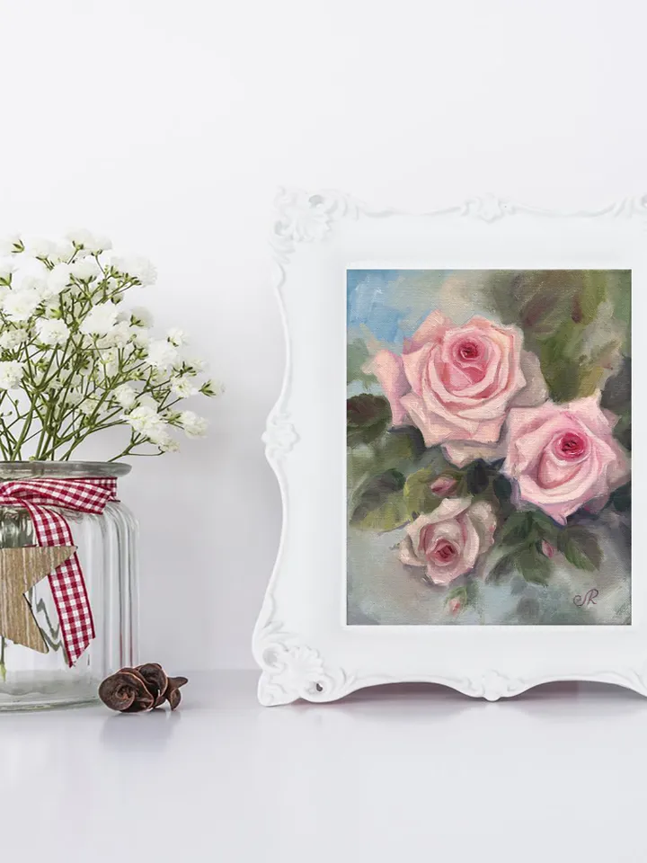 Pink Roses Painting Flowers Oil Wall Art Shabby Chic Painting