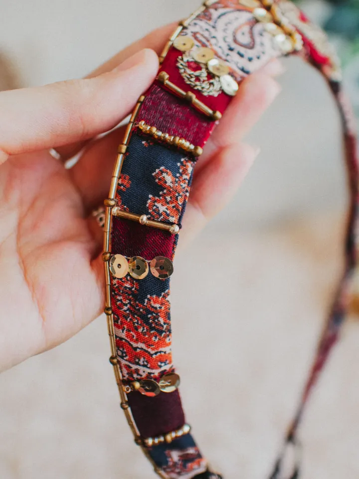 Tiara "Crimson Rhapsody" (round version). Bohemian patchwork crown for festivals, weddings, proms. Hippie hair accessory made with upcycled vintage fabrics and embellishments.
