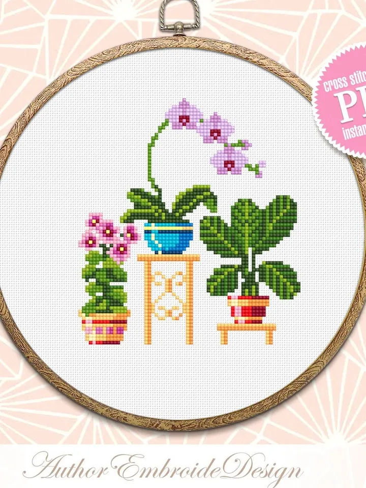 Potted house plants cross stitch pattern PDF download Floral cross stitch chart, Small cross stitch sampler, Orchid, Plant lover gift #P5